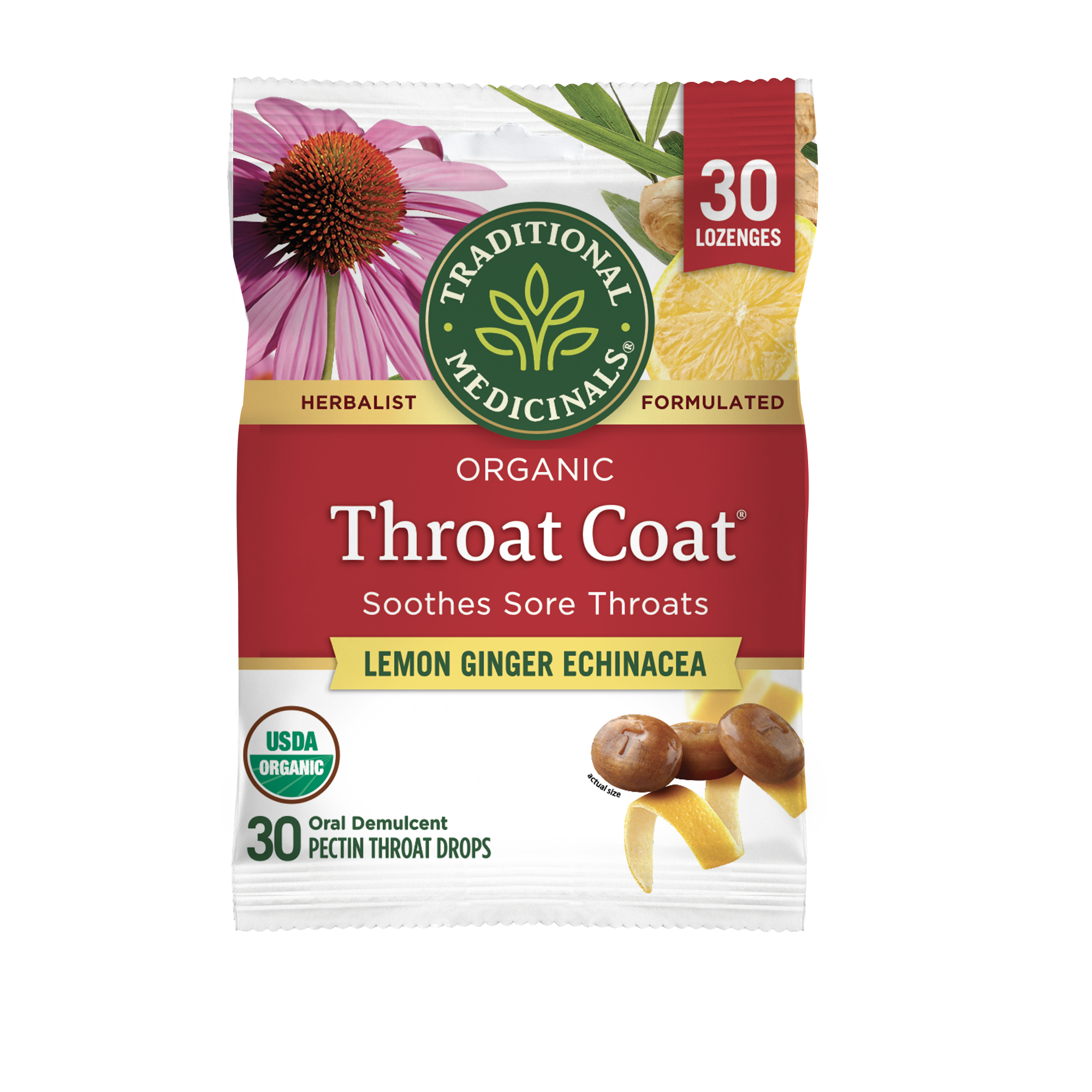 Traditional Medicinals Throat Coat® Lemon Ginger Echinacea Lozenges, 30 ct.